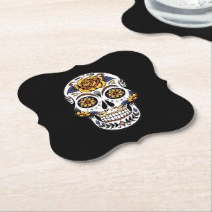 Gul ros Sugar Skull på svart Underlägg Papper