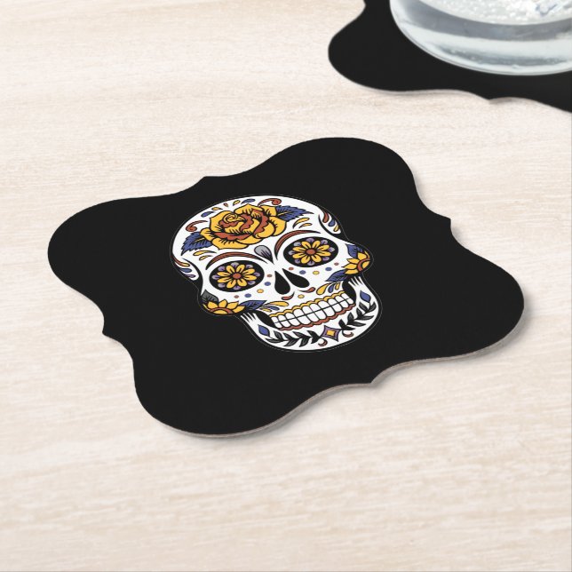 Gul ros Sugar Skull på svart Underlägg Papper (Vinklad)