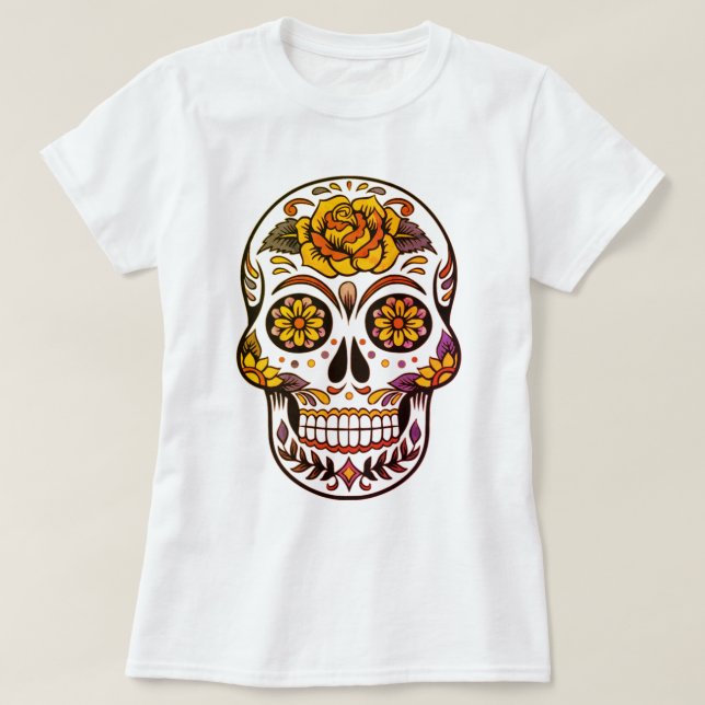 Gul ros Sugar Skull T Shirt (Design framsida)