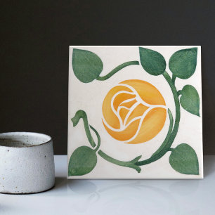Gul ros Symmetric Art Deco Ceramic Tile Kakelplatta