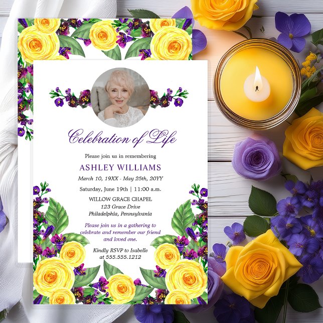 Gul ros |Våldet i Blommigt Firande i Life I Inbjudningar (Elegant Yellow Roses and Purple Violets Floral 90th Celebration of Life Invitation - Print | Digital)