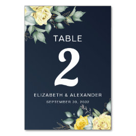 Gul ros vattenfärgsblått blommigt bröllop bordsnummer
