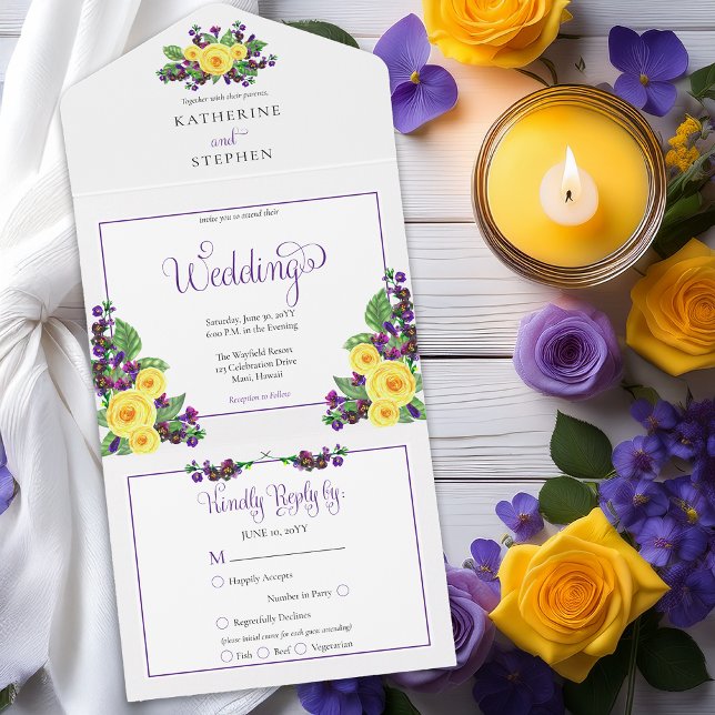 Gul ros | Violes Boho Blommigt Bröllop (Elegant Yellow Roses and Purple Violets Floral All in One Wedding Invitation)