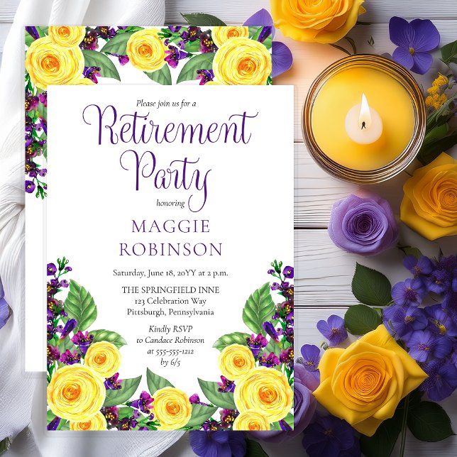 Gul ros |Violes Boho Blommigt Pension Party Inbjudningar (Elegant Yellow Roses and Purple Violets Floral Retirement Party Invitation - Print | Digital)