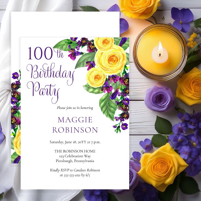 Gul ros Violet 100:e Födelsedagsfesten Inbjudningar (Elegant Yellow Roses and Purple Violets Floral 100th Birthday Party Invitation - Print | Digital)