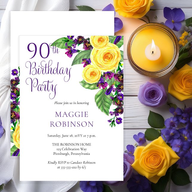 Gul ros Violet 90:e Födelsedagsfesten Bröllop Inbjudningar (Elegant Yellow Roses and Purple Violets Floral 90th Birthday Party Invitation - Print | Digital)
