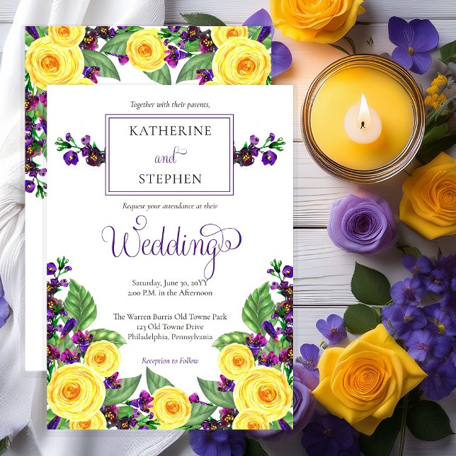 Gul ros |Violets Boho Blommigt Bröllop Inbjudningar (Elegant Yellow Roses and Purple Violets Floral Wedding  Invitation - Print | Digital)