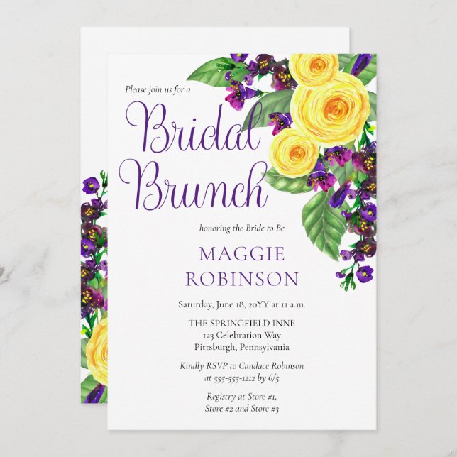Gul ros | Violets Boho Blommigt Möhippa Brunch Inbjudningar (Fram/baksida)