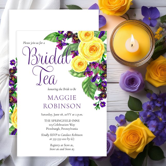 Gul ros | Violets Boho Blommigt Möhippa Tea Inbjudningar (Elegant Yellow Roses and Purple Violets Floral Bridal Tea Shower Invitation - Print | Digital)