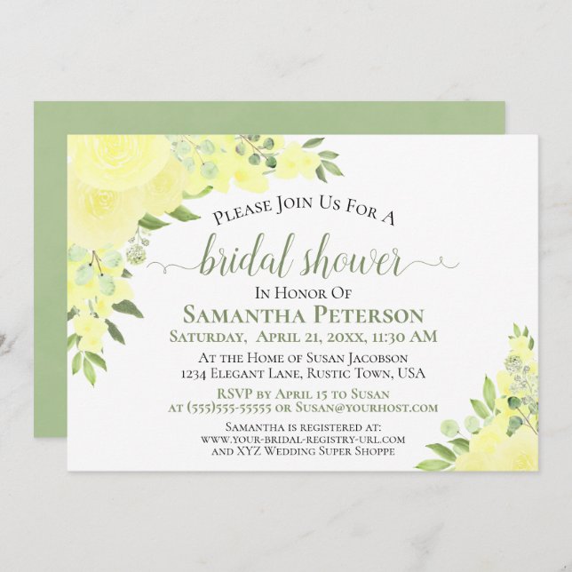 Gul ros Watercolor Boho Blommigt Möhippa Inbjudningar (Fram/baksida)