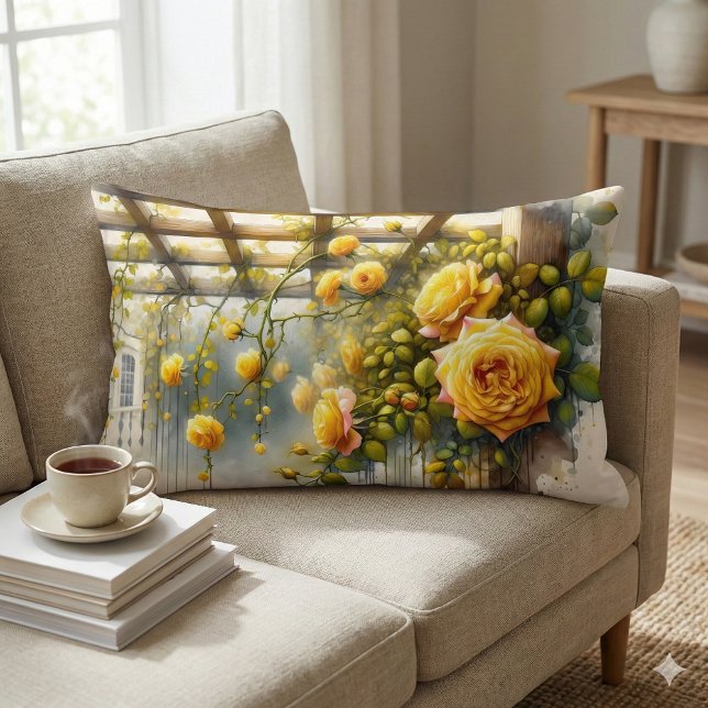 Gul ros Watercolor Garden Lumbarkudde (Yellow Roses Watercolor Garden Lumbar Pillow Mockup A)