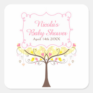 Gul Rosa Blommig Fågel Baby Shower  Fyrkantigt Klistermärke