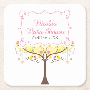 Gul Rosa Blommig Fågel Baby Shower  Underlägg Papper Kvadrat