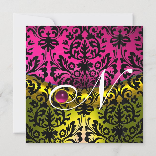 GUL ROSA FUCHSIA SVART DAMASK MONOGRAM TOPAS INBJUDNINGAR (Framsida)