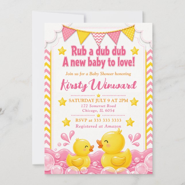 Gul & Rosa Gummianks Baby Shower Inbjudningar (Framsida)
