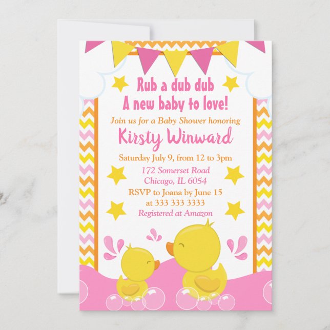 Gul & Rosa Gummianks Polka Prickar Baby Shower Inbjudningar (Framsida)