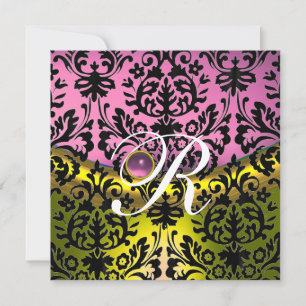 GUL ROSA LAVENDEL SVART DAMAST MONOGRAM INBJUDNINGAR