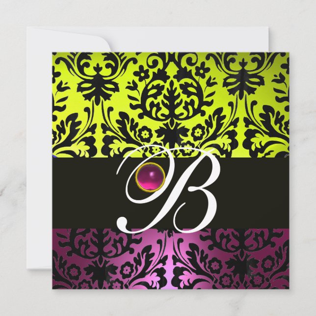 GUL ROSA LILA SVART DAMASK MONOGRAM Amethyst Inbjudningar (Framsida)