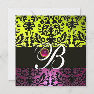 GUL ROSA LILA SVART DAMASK MONOGRAM Amethyst Inbjudningar