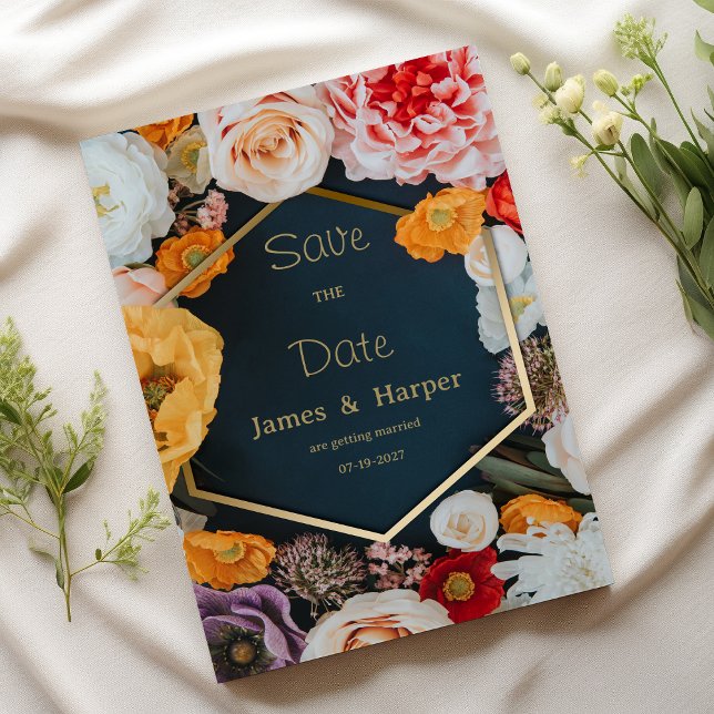 Gul rosa marinblå guld blommig Spara datum Inbjudningar (Yellow pink navy blue gold floral Save the Date )