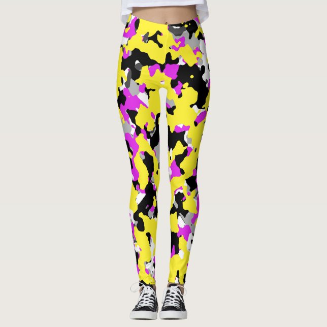 Gul Rosa Svart Grå Kamouflage Kamouflage Mönster Leggings (Framsida)