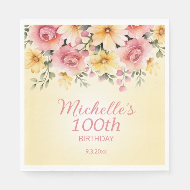 Gul Rosa Vårblomma 100-årsdag Pappersservett (Framsidan)