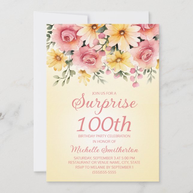 Gul Rosa Vårblomma Överraskning 100-årsfirande  Inbjudningar (Framsida)