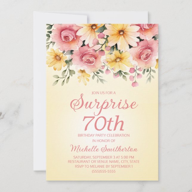 Gul Rosa Vårblomma Överraskning 70-årsdag  Inbjudningar (Framsida)