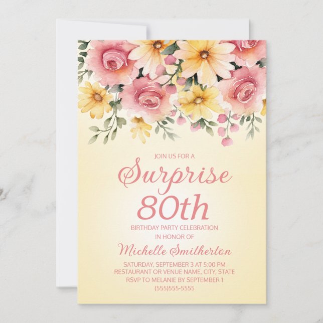 Gul Rosa Vårblomma Överraskning 80-årsdag  Inbjudningar (Framsida)
