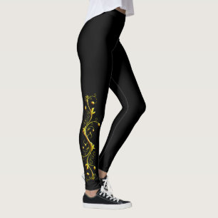 Gul rosSilhouette på svart damasker Leggings
