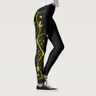 Gul rosSilhouette på svart damasker Leggings
