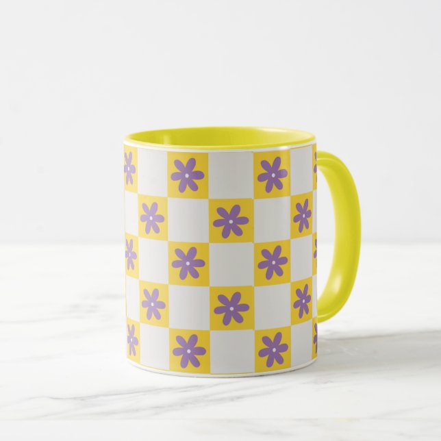 Gul Rutig Blommönster – Purpur Margareta  Mugg (Framsida höger)