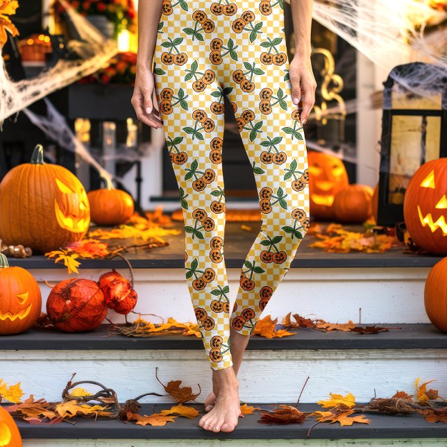 Gul Rutig Körsbärspumpa Mönster Leggings (Skapare uppladdad)