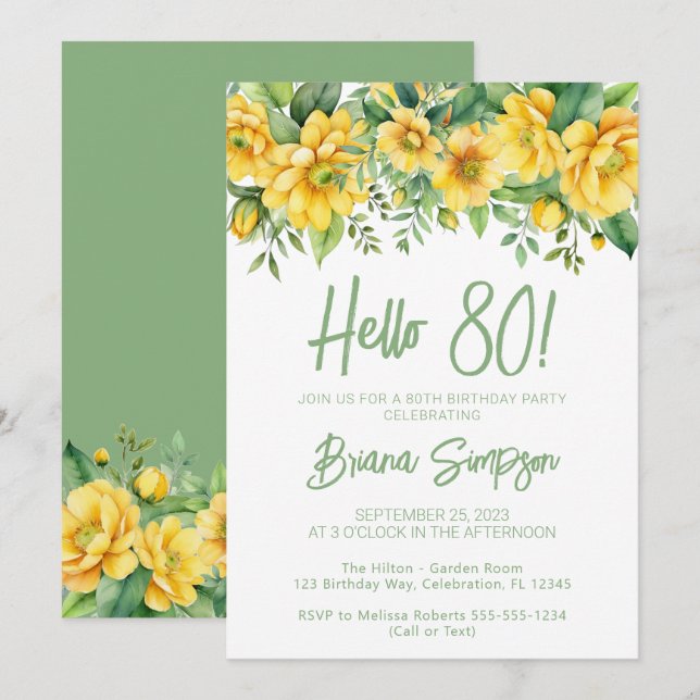 Gul Salvia Grön Blommig 80-års Födelsedagsfest Inbjudningar (Fram/baksida)