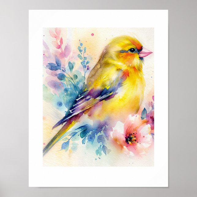 Gul sångfågel Blommotiv Vattenfärg Poster  (Framsidan)