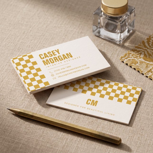 Gul Senap Rutig Mönster Visitkort (Simulated business cards on table)
