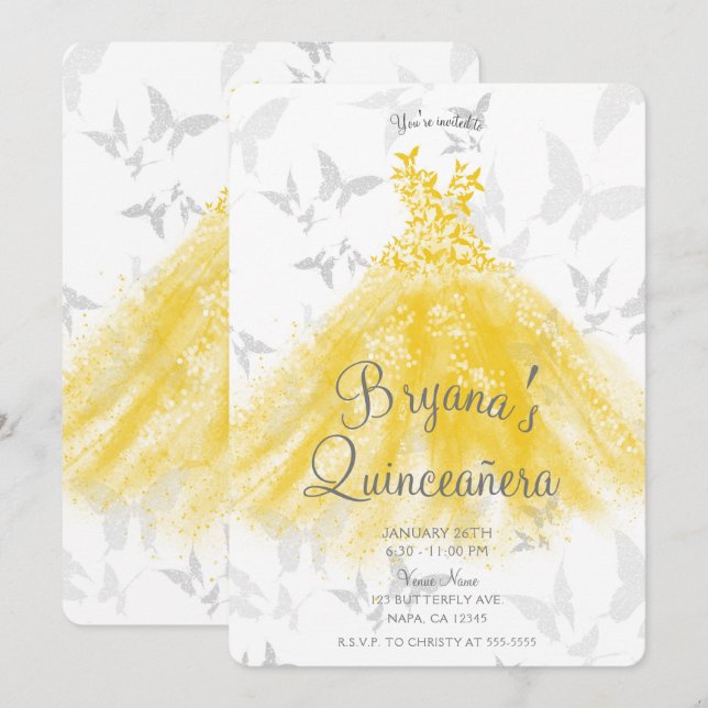 Gul Silver Fjäril Dans Klänning Quinceañera Inbjudningar (Fram/baksida)