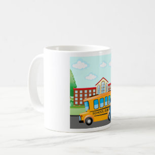 Gul skolbuss med förare och skolbyggnad kaffemugg