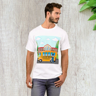 Gul skolbuss med förare och skolbyggnad t shirt