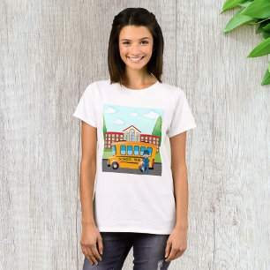 Gul skolbuss med förare och skolbyggnad t shirt