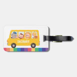 Gul Skolbuss Och Söta Djur Barn Namn Bagagebricka