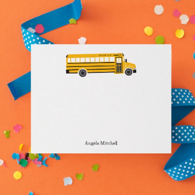 Gul skolbuss personlig brevpapper inbjudningar (fun personalized yellow school bus flat note card stationery with custom name and route number)