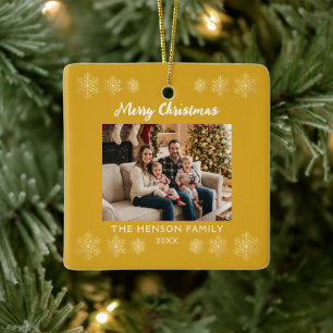 Gul snöflinga familjefoto julgransprydnad keramik