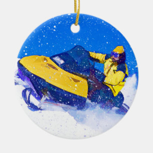 Gul Snowmobile i snöstorm Julgransprydnad Keramik