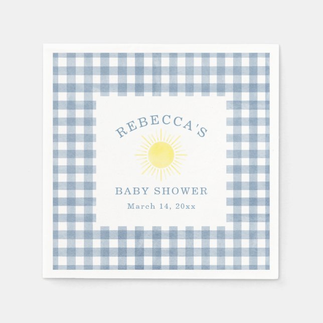 Gul sol Blå Gingham Pojke Baby Shower Pappersservett (Framsidan)