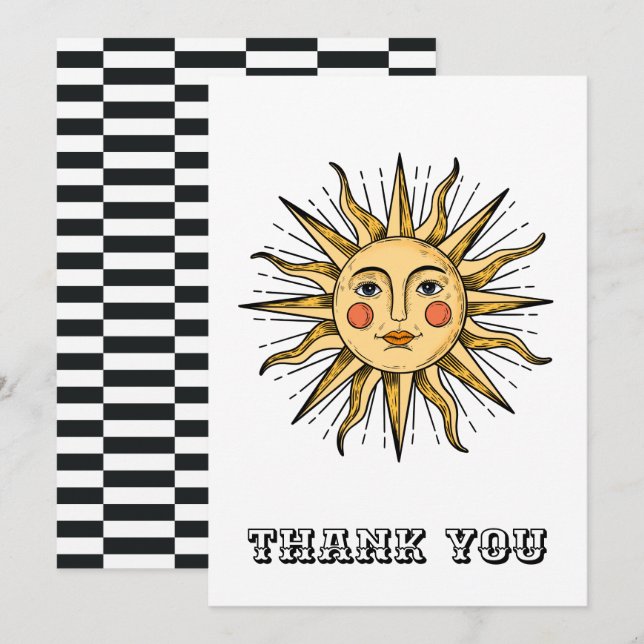 Gul sol med ett ansikte tack kort (Fram/baksida)