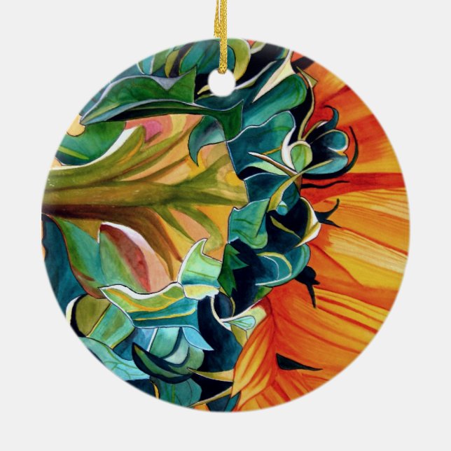 Gul solros akvarell original konst målning julgransprydnad keramik (Baksidan)