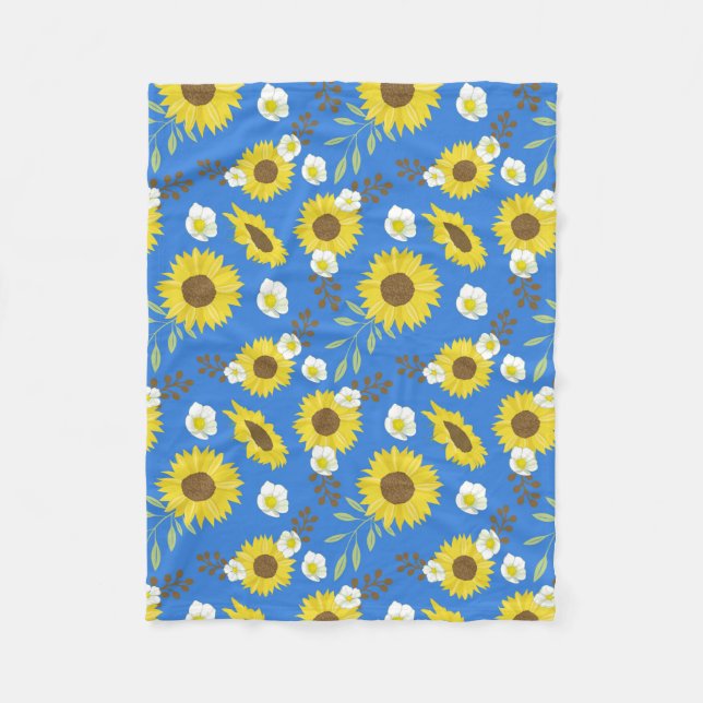 Gul solros blå bakgrund blomma blomster fleecefilt (Framsidan)