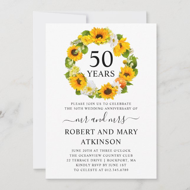 Gul solros blomsterguide 50-års bröllopsjubileum inbjudningar (Framsida)
