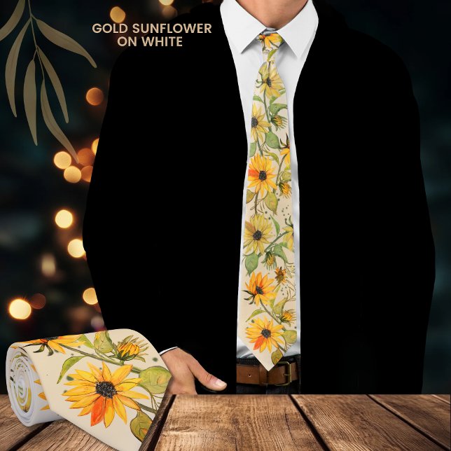 Gul solros handmålad på vit slips (Golden Sunflower Hand Painted on White Neck Tie)